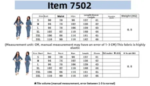 Detailed size chart for women's denim jumpsuit including bust waist and hip measurements