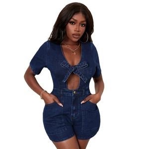 Slim fit dark blue denim romper with V-neck and front bow tie detail for casual style