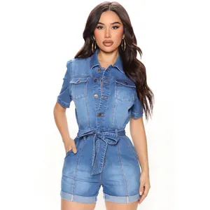Slim fit blue denim romper with short sleeves, metal buttons and a waist tie belt