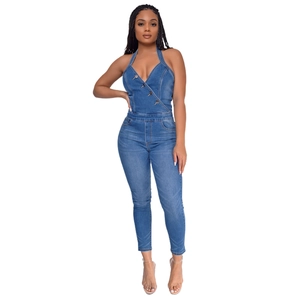 Sleeveless halter neck denim jumpsuit for women with slim fit and metallic button detail