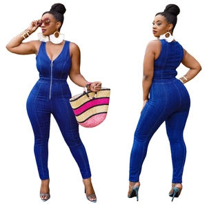 Slim fit denim jumpsuit with V-neck and metal zipper, front and back view