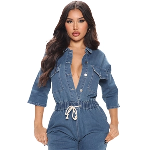 Women's casual dark blue denim jumpsuit with metal buttons and drawstring waist
