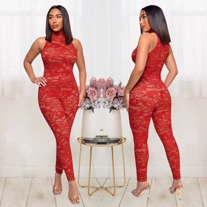 Elegant red lace sleeveless jumpsuit with high neck and slim fit design shown in dual views