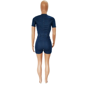 Detailed back view of a slim-fit dark blue denim romper with short sleeves and waist loops