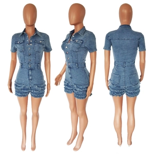 Slim fit denim romper with fringe hem featuring classic lapel and metallic button details