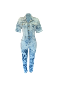 Tie-dye denim jumpsuit with short sleeves, lapel collar, and metal button details