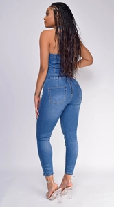 Detail view of a slim fit sleeveless denim jumpsuit with back metal zipper closure