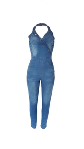 Detail view of denim halter neck jumpsuit with deep V-neck and button closure details
