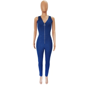 Slim fit dark blue denim sleeveless jumpsuit with deep V-neck and metal zipper detail
