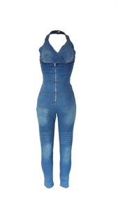 Detail of blue denim halter neck jumpsuit with V-neckline and metal front zipper