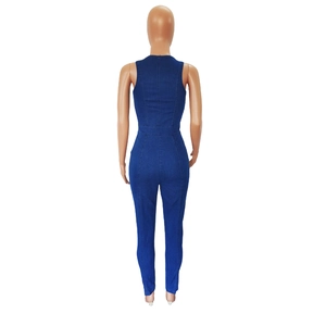 Rear view of a slim fit sleeveless denim jumpsuit in dark blue with a waist-cinching cut