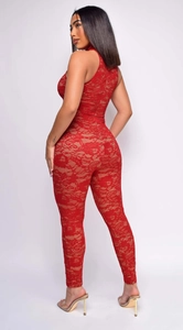 Rear side view of a slim fit red lace sleeveless jumpsuit with high collar details