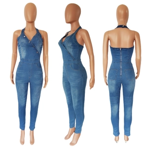Detailed views of women's dark blue denim halter jumpsuit with back zipper and V-neckline