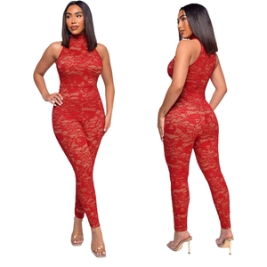 Slim fit red floral lace bodysuit with high neck and halter design for women