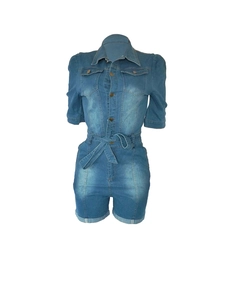 Detailed front view of women's short sleeve denim romper with buttons and waist tie