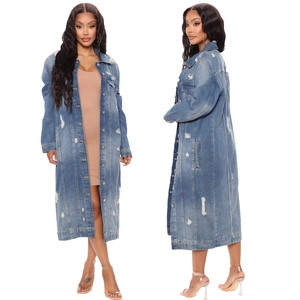 Women Casual Distressed Long Denim Duster Coat Ripped Jean Jacket Long Sleeve Single Breasted Outwear For Daily Streetwear