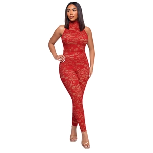 Detailed close-up of red lace fabric and high collar design on a slim fit jumpsuit