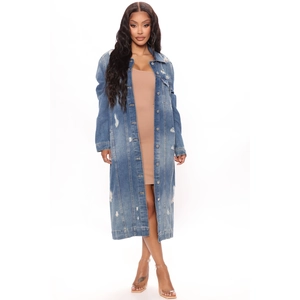 Distressed mid-blue denim duster jacket with ripped detailing and longline cut