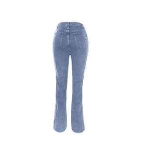Detail of light blue high-waisted denim jeans with white tassel trim and raw hem