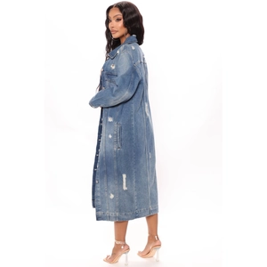 Fashionable long sleeve distressed denim trench coat jacket for women in washed blue