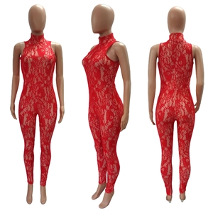 Three-view layout of a red floral lace sleeveless slim fit jumpsuit for women party wear