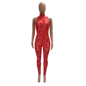 Close-up of red floral lace pattern on a sleeveless slim-fit jumpsuit for women