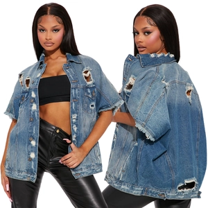 Veste en Jean Femme Vintage Déchirée Manches Courtes Ample Mi-Longue Délavé Bleu Jean Outwear Boutons en Métal Streetwear