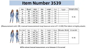 Detailed size guide table for women's slim fit long sleeve washed denim jumpsuit in CM