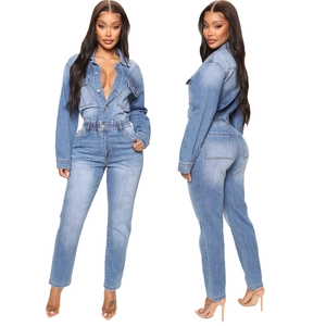 Women Denim Jumpsuit Long Sleeve Button Down Elastic Waist Slim Fit Washed Royal Blue Overalls Fashion Romper Casual Wear