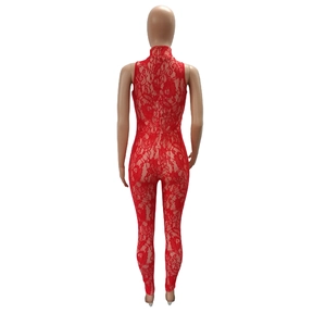 Close-up of red lace jumpsuit showing the high neck, sheer floral pattern, and back zipper