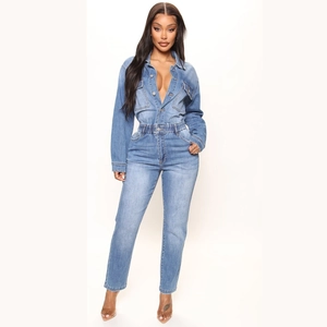 Slim fit denim jumpsuit in dark blue wash with long sleeves and elastic waist
