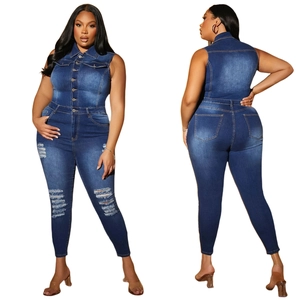 Women's Casual Sleeveless Denim Jumpsuit Distressed Ripped Jeans Skinny Romper With Lapel Single Breasted Buttons Streetwear
