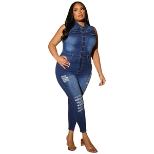 Sleeveless denim jumpsuit for women featuring ripped distressed details and button-up front