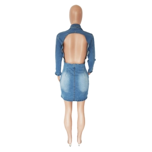 Vue de dos d'une robe en jean moulante avec un design dos nu et une rangée de boutons