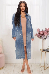 Women's long distressed denim coat with ripped details and mid-wash blue finish