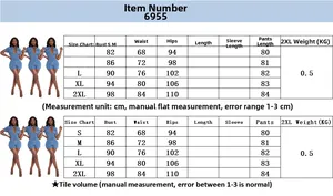 Size chart for women's denim romper with bust, waist, and hip measurements in cm