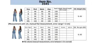 Size chart table for women's denim jumpsuit with detailed bust and waist measurements