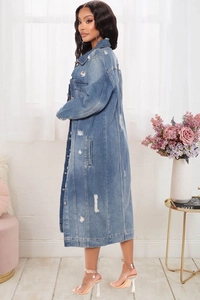 Women's distressed denim trench coat with ripped details and long sleeves for a street style