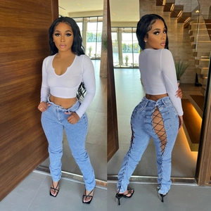 Jeans en Denim Skinny Sexy pour Femmes Lacets Évidés Taille Haute Ourlet Effiloché Streetwear Délavage à l'Acide Pantalons Longs Bleu Denim