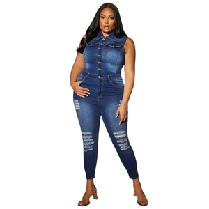 Slim fit sleeveless denim jumpsuit in blue with distressed holes and metal buttons