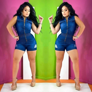 Combishort en Denim Sans Manches Sexy pour Femmes Fermeture Éclair Avant Jumpsuit Court Déchiré Taille Élastique Slim Fit