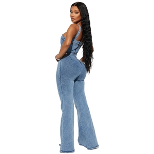 Women's vintage wash denim jumpsuit with corset waist and retro flared wide leg fit