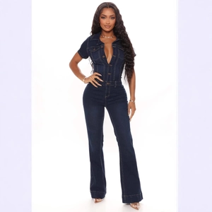 Combinaison en Denim à Manches Courtes Col en V pour Femmes Jambe Large Évasée Taille Haute Bodycon Bleu Foncé
