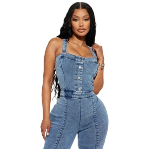 Women's blue denim jumpsuit with square neck straps and button-front wide leg design
