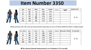 Size chart for women denim jumpsuit showing bust waist and hips measurements from S to 2XL