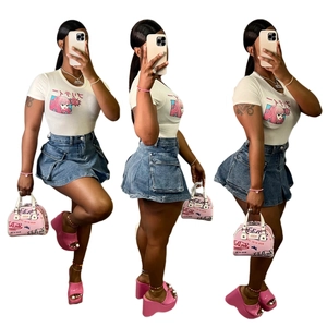 Women Sexy Slim Denim Mini Skirt High Waist Cargo Pockets Distressed Washed Streetwear Y2K Bodycon Jean Skirt