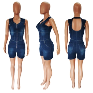 Combishort en jean bleu foncé sans manches avec fermeture éclair et dos nu sexy