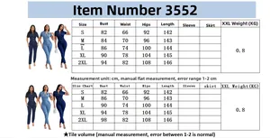 Size chart for slim fit denim jumpsuit including bust, waist, hips, and length in cm