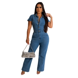 Women's dark blue denim jumpsuit with short sleeves, lapel collar, and wide-leg trousers