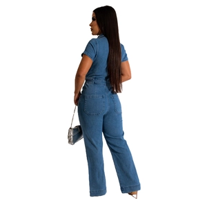 Women's blue denim short sleeve jumpsuit with back pockets and elastic waist design